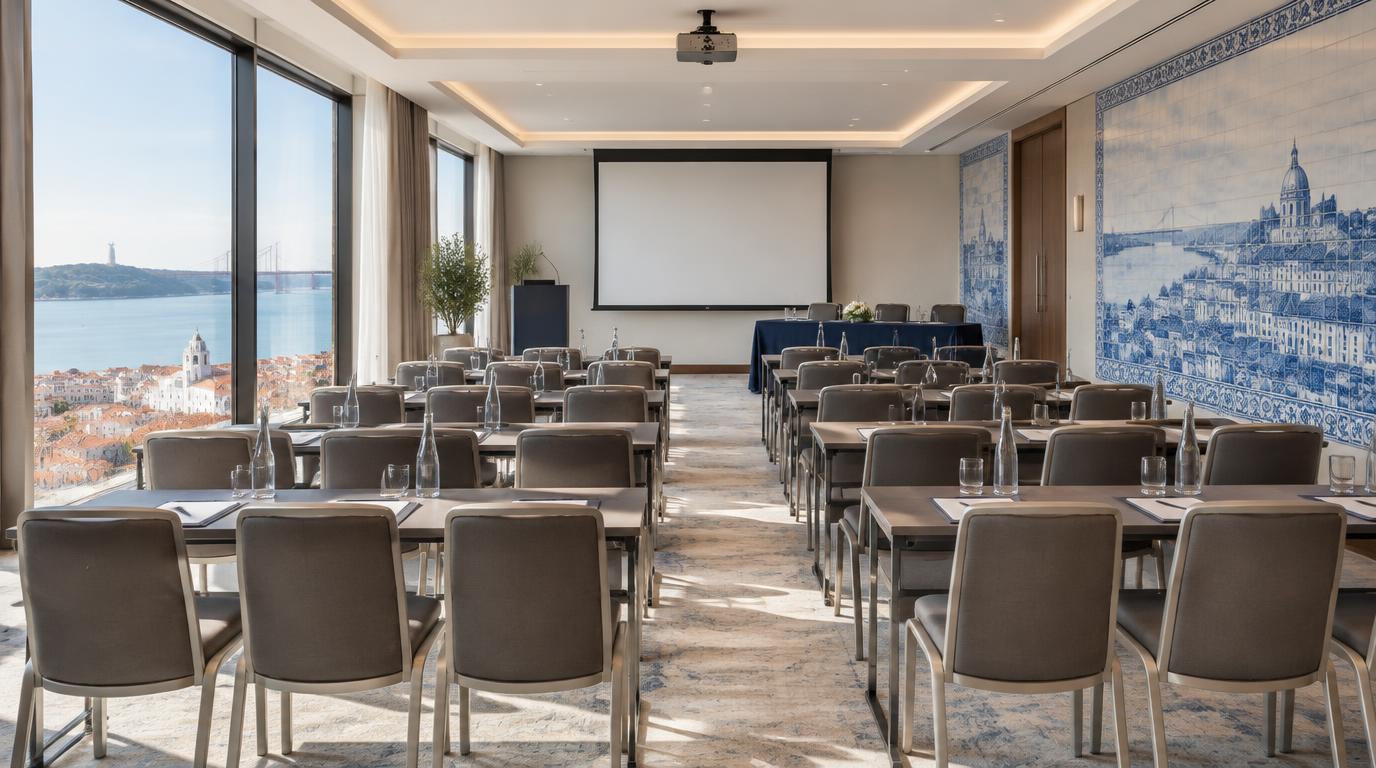 Course room with views over Lisboa and a blue azulejo tile wall, illustration